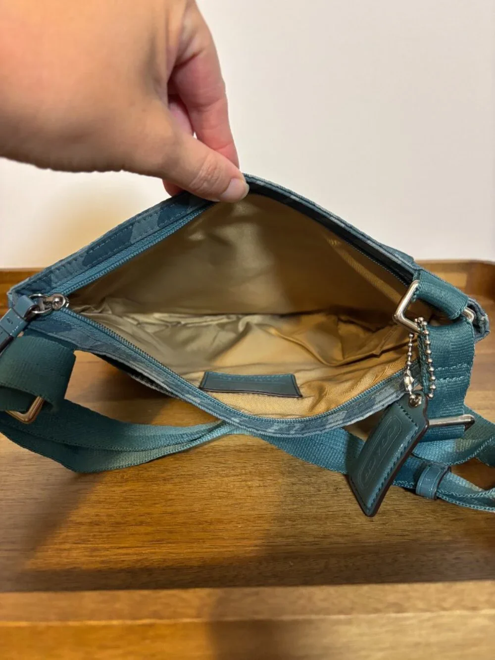 Coach Getaway Teal Zebra Print Nylon File Crossbody Bag